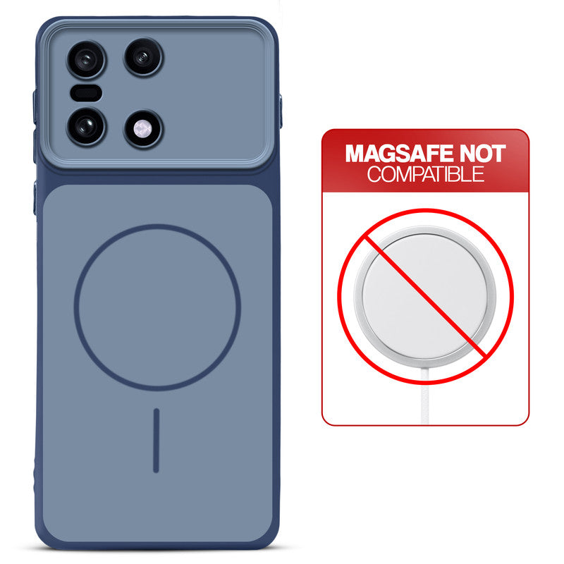 Dual tone silicone Blue phone cover for OnePlus 15 5G showing wireless charging not supported notice