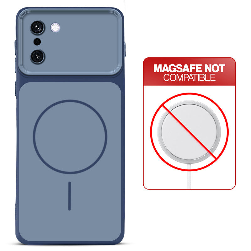 Dual tone silicone Blue phone cover for OnePlus 15R 5G showing wireless charging not supported notice