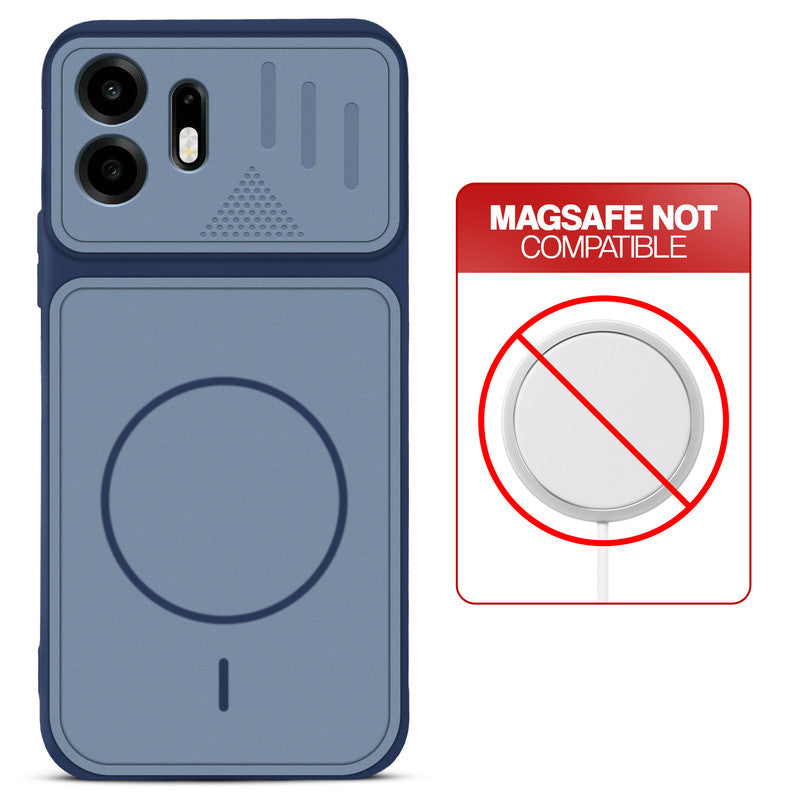 Blue back cover for OnePlus N6 5G with printed ring pattern and message showing not compatible with MagSafe charging.