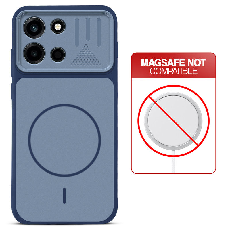 Blue back cover for OnePlus Nord 6 5G with printed ring pattern and message showing not compatible with MagSafe charging.