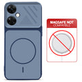 Blue back cover for OnePlus Nord CE 3 Lite 5G with printed ring pattern and message showing not compatible with MagSafe charging.