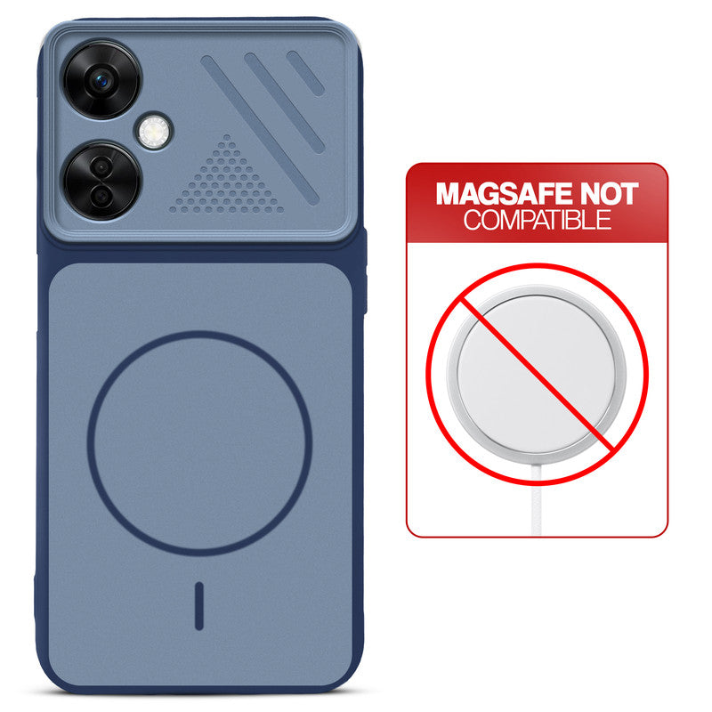 Blue back cover for OnePlus Nord CE 3 Lite 5G with printed ring pattern and message showing not compatible with MagSafe charging.