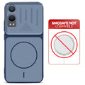 Blue back cover for OnePlus Nord CE 4 Lite 5G with printed ring pattern and message showing not compatible with MagSafe charging.