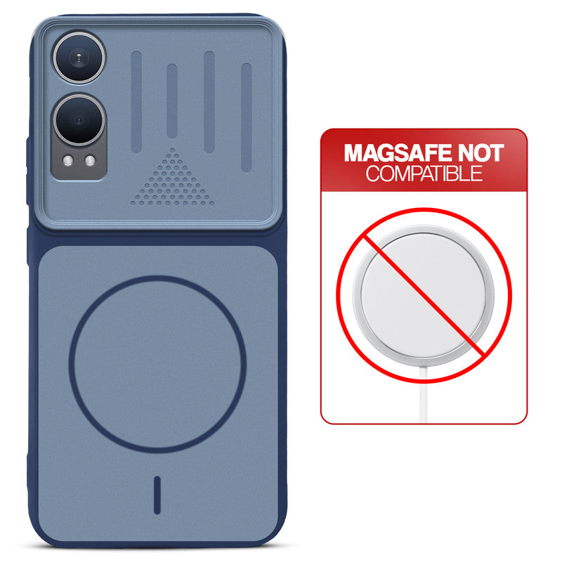 Blue back cover for OnePlus Nord CE 4 Lite 5G with printed ring pattern and message showing not compatible with MagSafe charging.