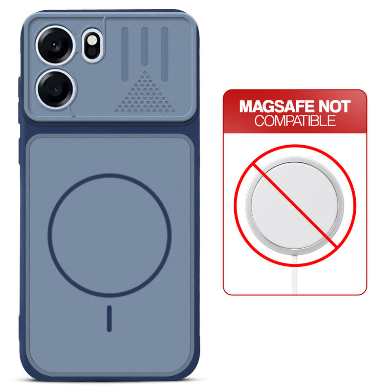 Blue back cover for OnePlus Nord CE 6 5G with printed ring pattern and message showing not compatible with MagSafe charging.