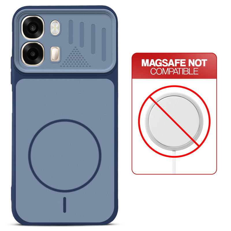 Blue back cover for Oppo A6 Pro 5G with printed ring pattern and message showing not compatible with MagSafe charging.