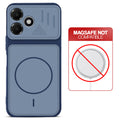 Blue back cover for Oppo A6C 4G with printed ring pattern and message showing not compatible with MagSafe charging.