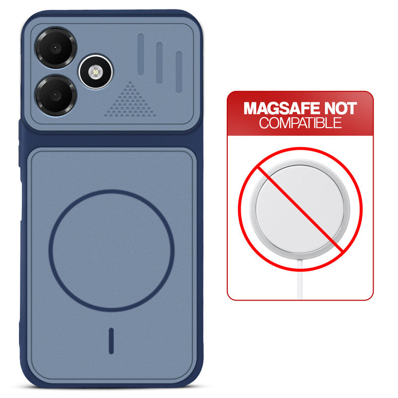 Blue back cover for Oppo A6C 4G with printed ring pattern and message showing not compatible with MagSafe charging.