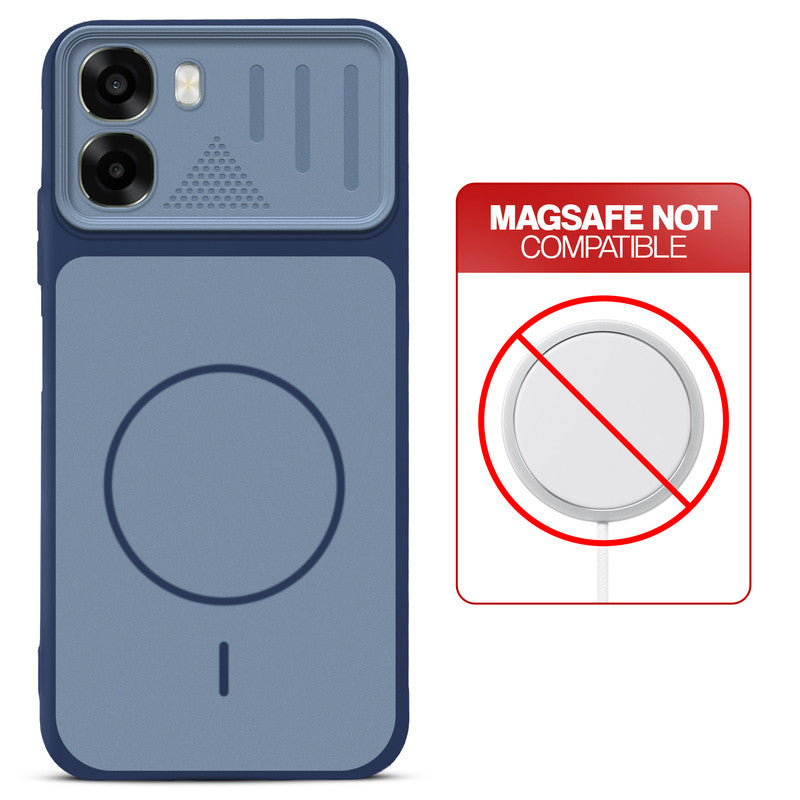 Blue back cover for Oppo A6s 5G with printed ring pattern and message showing not compatible with MagSafe charging.