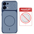 Blue back cover for Oppo F31 5G with printed ring pattern and message showing not compatible with MagSafe charging.