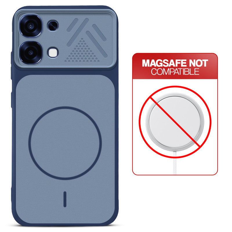 Blue back cover for Oppo F31 5G with printed ring pattern and message showing not compatible with MagSafe charging.