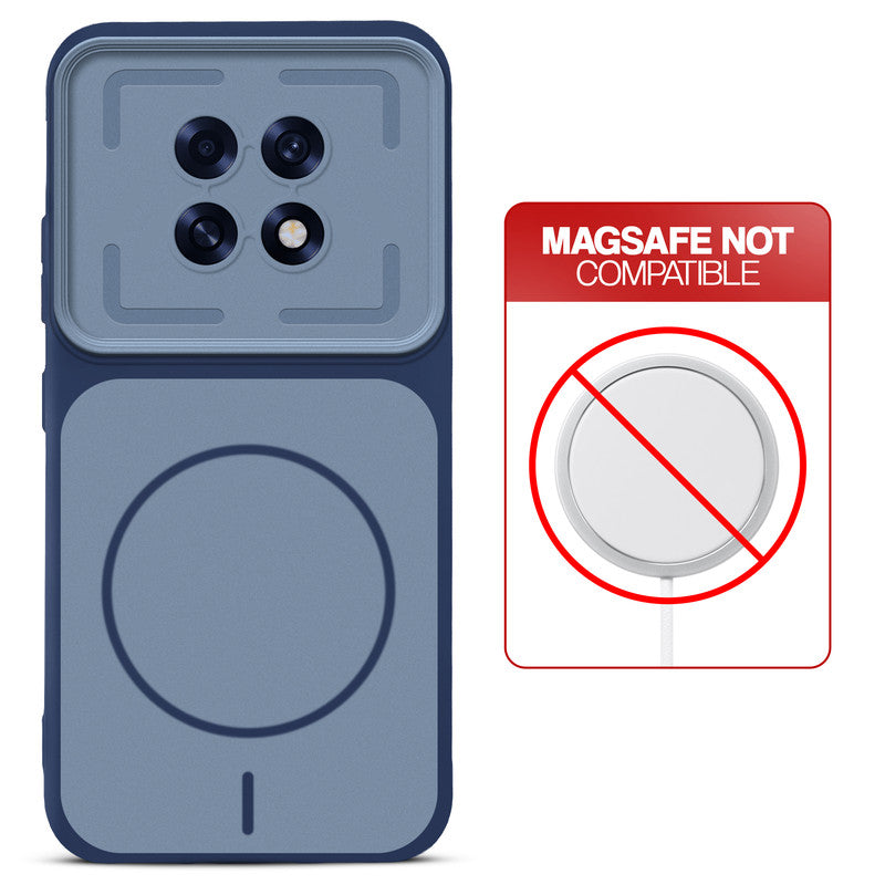 Blue back cover for Oppo F31 Pro Plus 5G with printed ring pattern and message showing not compatible with MagSafe charging.