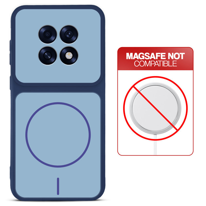 Blue back cover for Oppo F31 Pro Plus 5G with printed ring pattern and message showing not compatible with MagSafe charging.