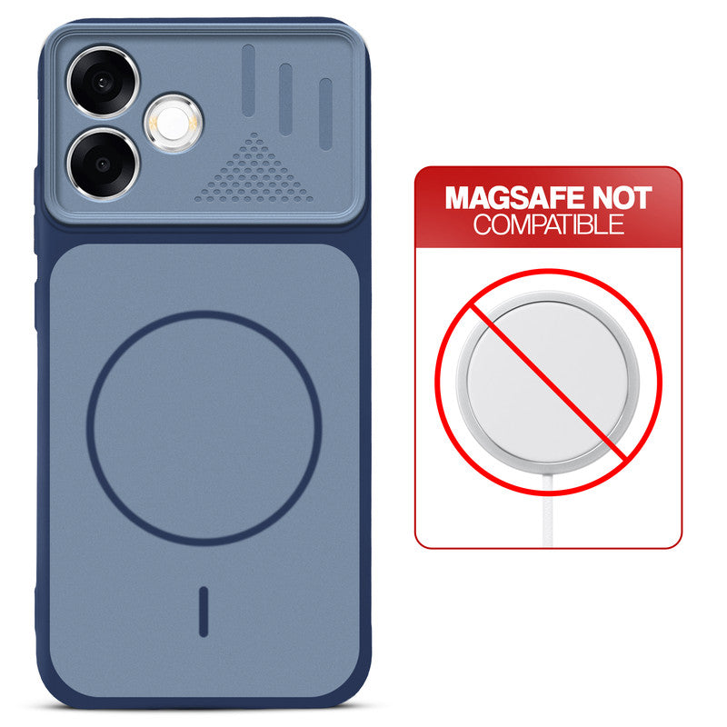 Blue back cover for Oppo F33 Pro 5G with printed ring pattern and message showing not compatible with MagSafe charging.
