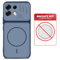 Blue back cover for Oppo F35 Pro 5G with printed ring pattern and message showing not compatible with MagSafe charging.