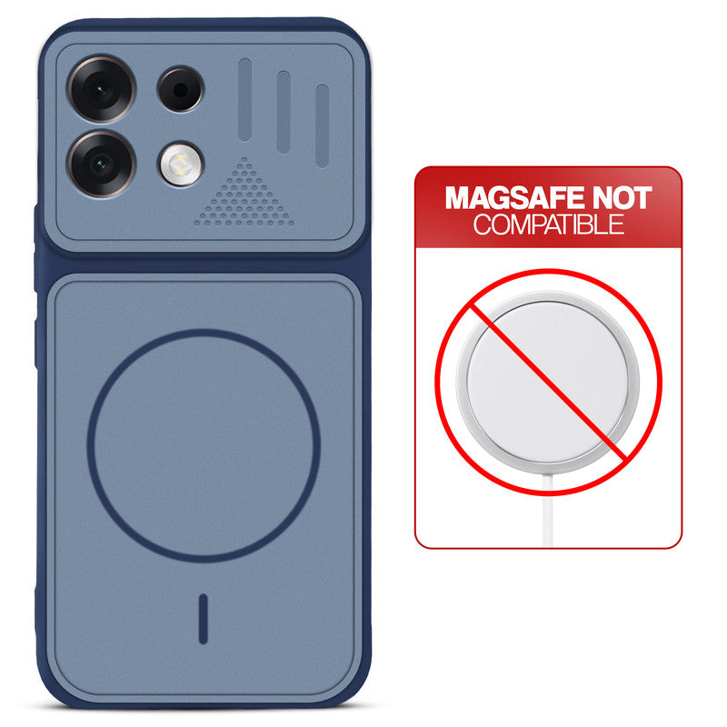 Blue back cover for Oppo F35 Pro 5G with printed ring pattern and message showing not compatible with MagSafe charging.