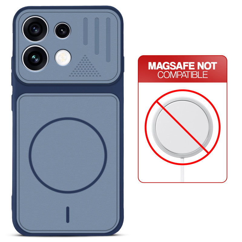 Blue back cover for Oppo Reno 16 Pro 5G with printed ring pattern and message showing not compatible with MagSafe charging.