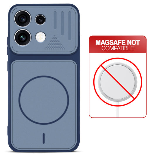 Blue back cover for Oppo Reno 16 Pro 5G with printed ring pattern and message showing not compatible with MagSafe charging.