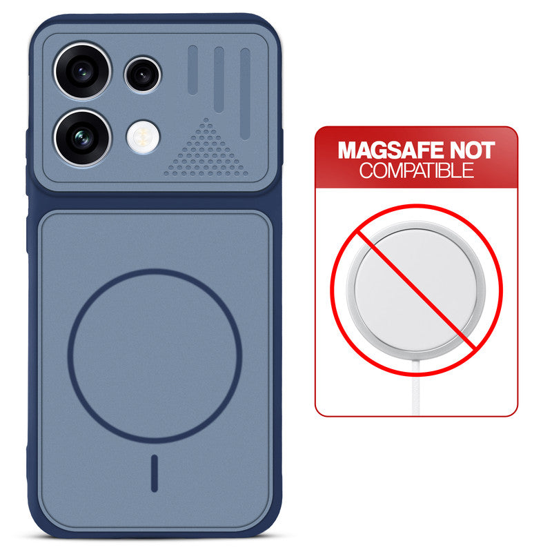 Blue back cover for Oppo Reno 16C 5G with printed ring pattern and message showing not compatible with MagSafe charging.
