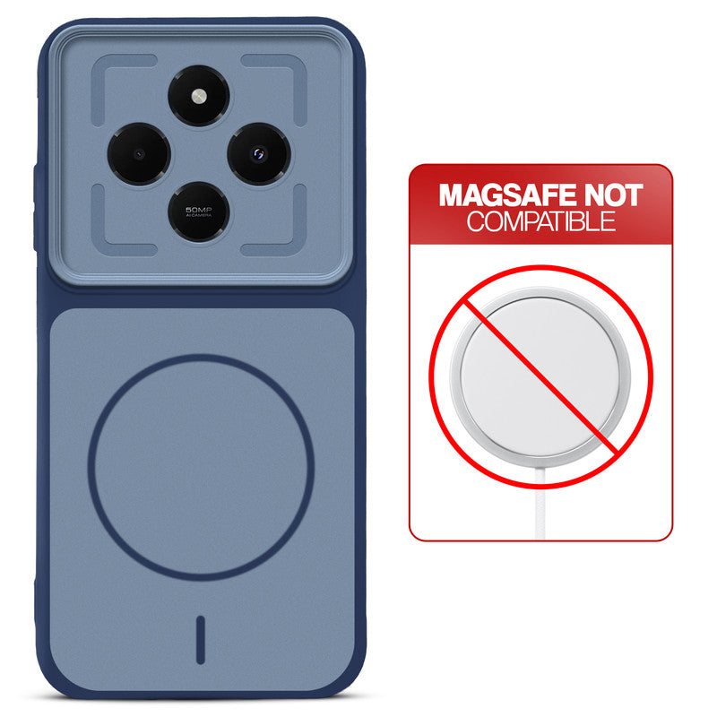 Blue back cover for Poco C75 5G with printed ring pattern and message showing not compatible with MagSafe charging.
