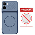 Blue back cover for Poco C81 4G with printed ring pattern and message showing not compatible with MagSafe charging.