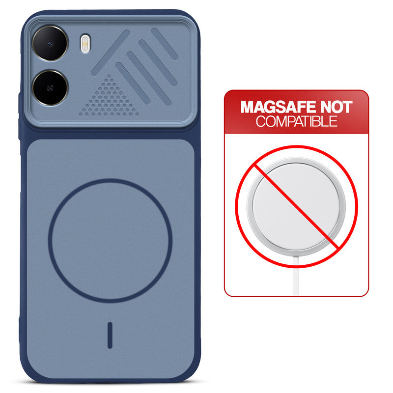 Blue back cover for Poco C81 4G with printed ring pattern and message showing not compatible with MagSafe charging.