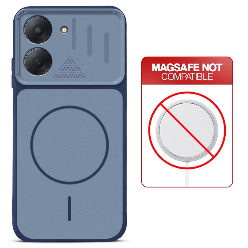 Blue back cover for Poco C81x 4G with printed ring pattern and message showing not compatible with MagSafe charging.