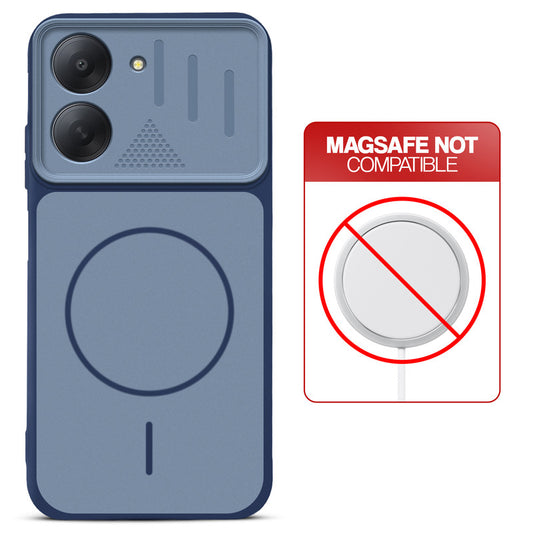Blue back cover for Poco C81x 4G with printed ring pattern and message showing not compatible with MagSafe charging.
