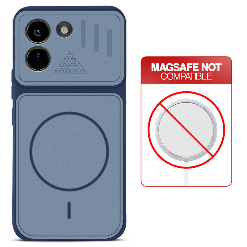 Blue back cover for Poco X8 Power 5G with printed ring pattern and message showing not compatible with MagSafe charging.