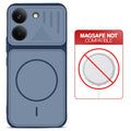 Blue back cover for Poco X8 Pro 5G with printed ring pattern and message showing not compatible with MagSafe charging.