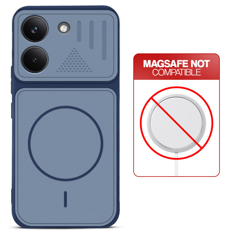 Blue back cover for Poco X8 Pro 5G with printed ring pattern and message showing not compatible with MagSafe charging.