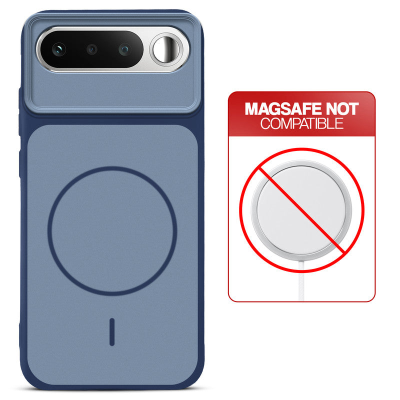 Blue back cover for Realme 16 5G with printed ring pattern and message showing not compatible with MagSafe charging.