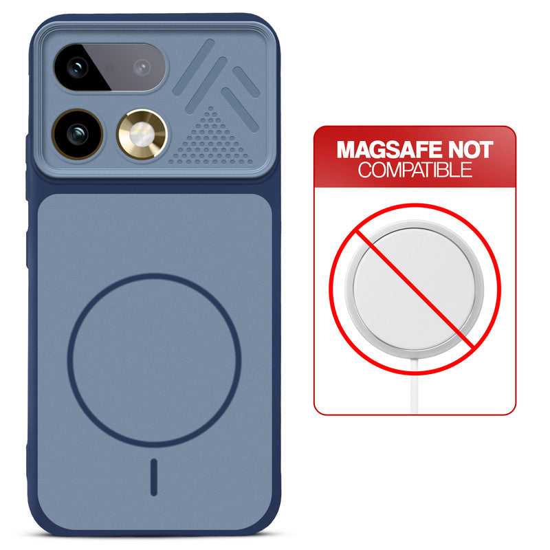 Blue back cover for Realme 16 Pro 5G with printed ring pattern and message showing not compatible with MagSafe charging.