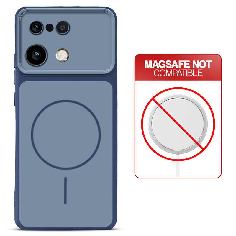Dual tone silicone Blue phone cover for Realme 16 Pro Plus 5G showing wireless charging not supported notice