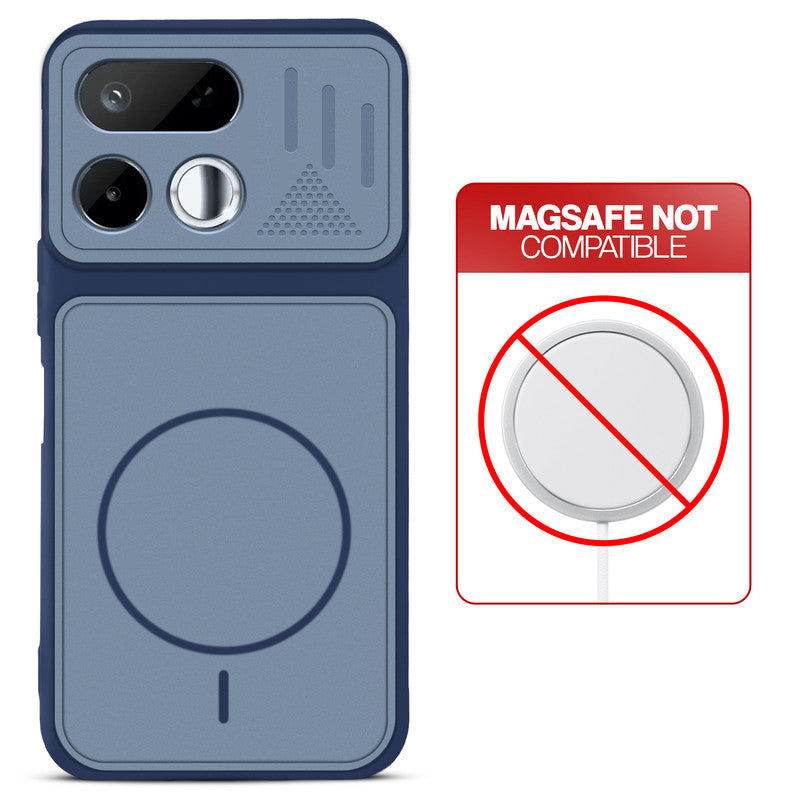 Blue back cover for Realme 16T 5G with printed ring pattern and message showing not compatible with MagSafe charging.