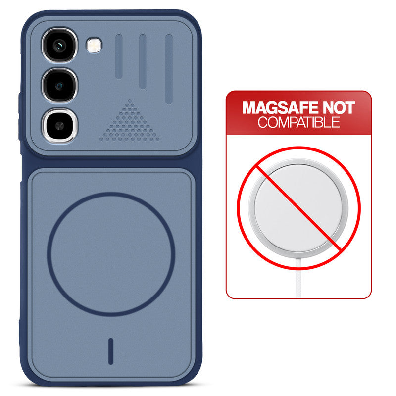 Blue back cover for Realme 16x 5G with printed ring pattern and message showing not compatible with MagSafe charging.
