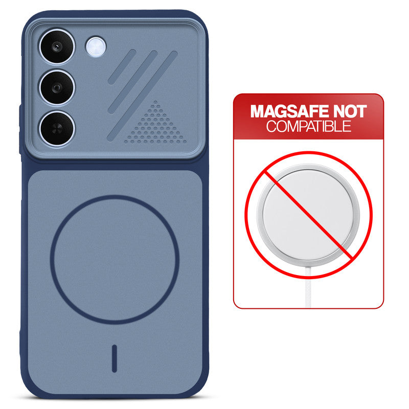 Blue back cover for Realme C83 5G with printed ring pattern and message showing not compatible with MagSafe charging.
