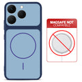 Blue back cover for Realme Narzo 90 5G with printed ring pattern and message showing not compatible with MagSafe charging.