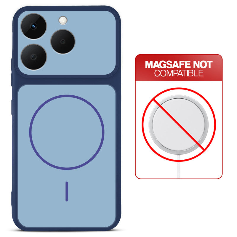 Blue back cover for Realme Narzo 90 5G with printed ring pattern and message showing not compatible with MagSafe charging.