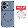 Blue back cover for Realme P4 Power 5G with printed ring pattern and message showing not compatible with MagSafe charging.