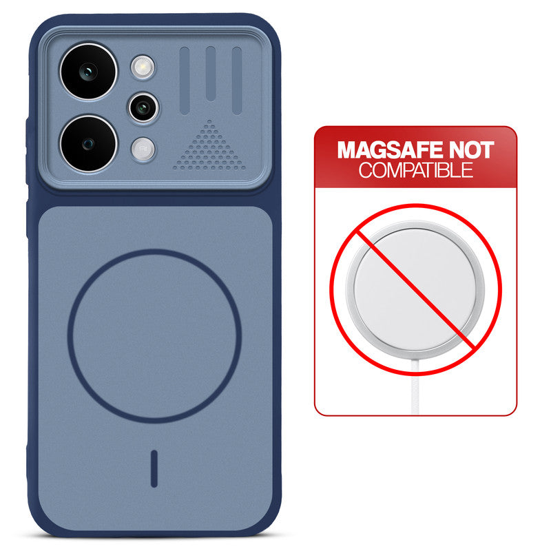 Blue back cover for Realme P4 Power 5G with printed ring pattern and message showing not compatible with MagSafe charging.