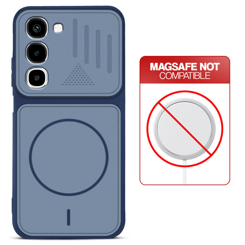 Blue back cover for Realme P4R 5G with printed ring pattern and message showing not compatible with MagSafe charging.