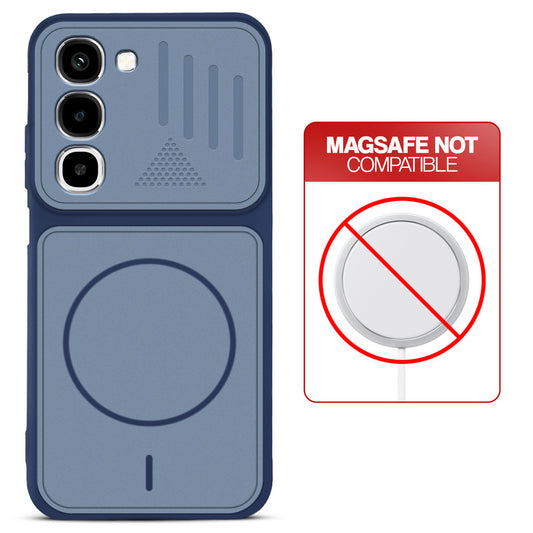 Blue back cover for Realme P4R 5G with printed ring pattern and message showing not compatible with MagSafe charging.