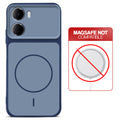 Blue back cover for Redmi 15A 5G with printed ring pattern and message showing not compatible with MagSafe charging.