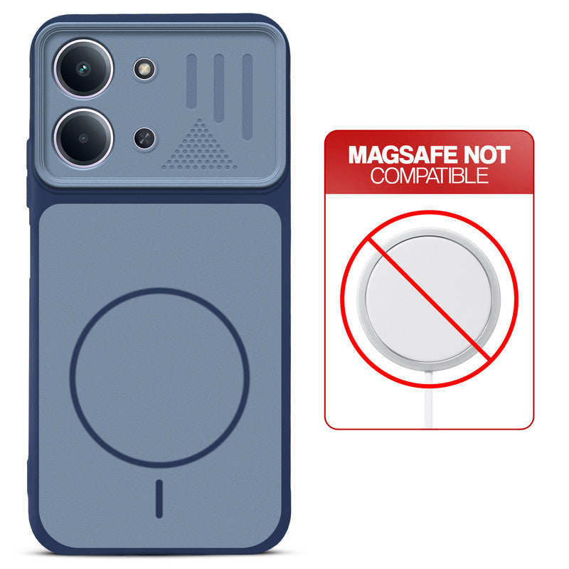 Blue back cover for Redmi 15C 5G with printed ring pattern and message showing not compatible with MagSafe charging.