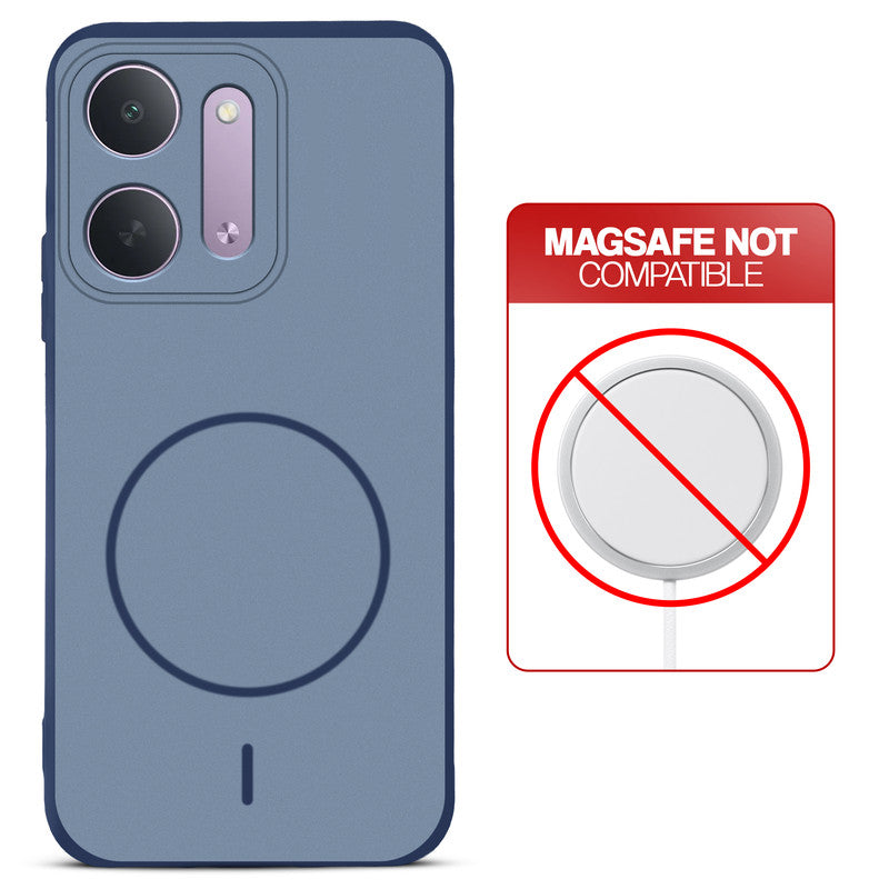 Blue back cover for Redmi 17C 5G with printed ring pattern and message showing not compatible with MagSafe charging.