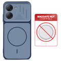 Blue back cover for Redmi A7 4G with printed ring pattern and message showing not compatible with MagSafe charging.