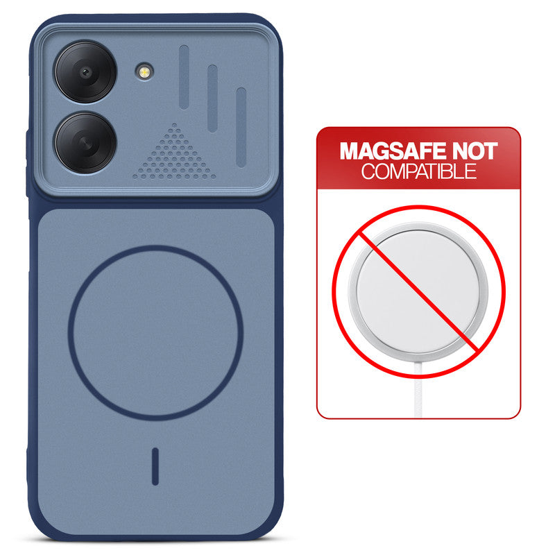 Blue back cover for Redmi A7 4G with printed ring pattern and message showing not compatible with MagSafe charging.