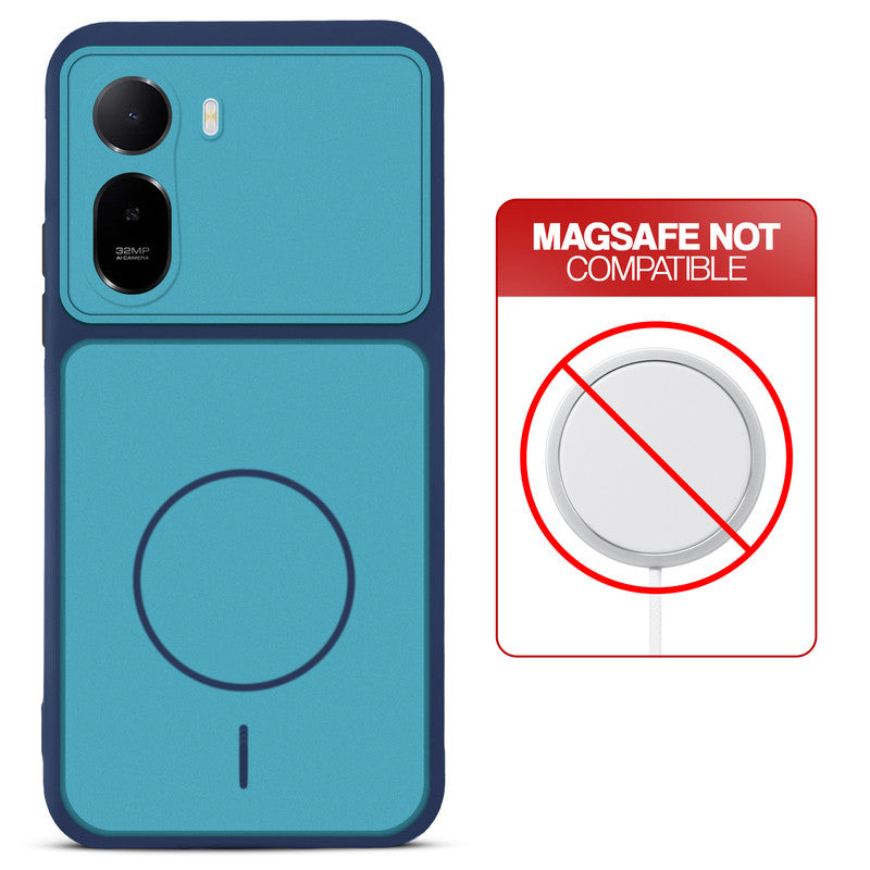 Blue back cover for Redmi A7 Pro 4G with printed ring pattern and message showing not compatible with MagSafe charging.