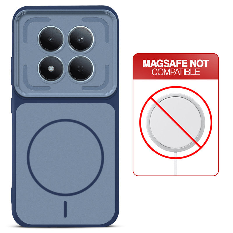 Blue back cover for Redmi Note 15 Pro 5G with printed ring pattern and message showing not compatible with MagSafe charging.